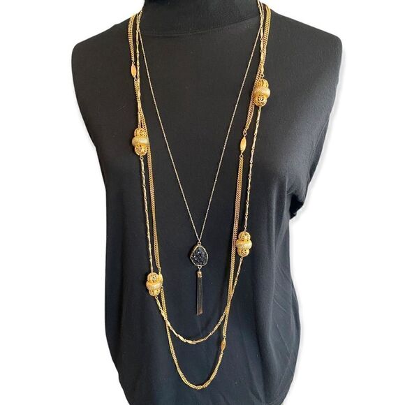 Monet Charming Charlie three gold tone necklaces black stone tassels - Picture 1 of 11